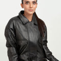 Heather Drawstring-Accent Long Black Leather Jacket - Zoom