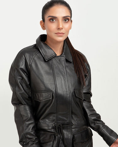 Heather Drawstring-Accent Long Black Leather Jacket - Zoom