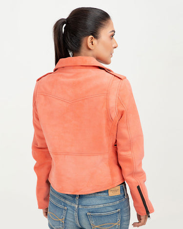 Kallie Pink Asymmetrical Biker Leather Jacket - Back