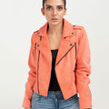 Kallie Pink Asymmetrical Biker Leather Jacket - Front