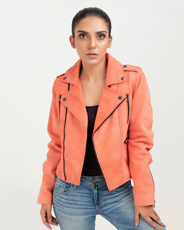 Kallie Pink Asymmetrical Biker Leather Jacket - Front