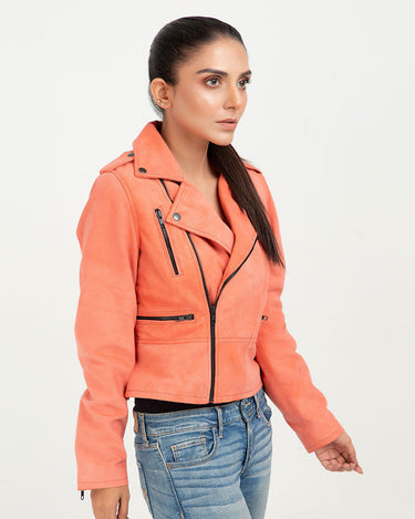 Kallie Pink Asymmetrical Biker Leather Jacket - Right