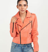 Kallie Pink Asymmetrical Biker Leather Jacket - Zipped