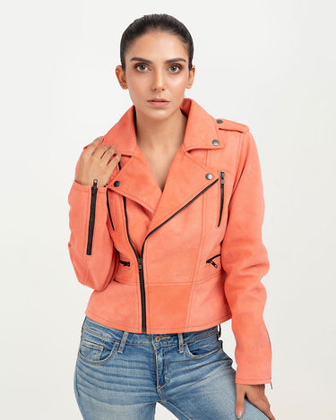 Kallie Pink Asymmetrical Biker Leather Jacket - Zipped