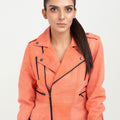 Kallie Pink Asymmetrical Biker Leather Jacket - Zoom