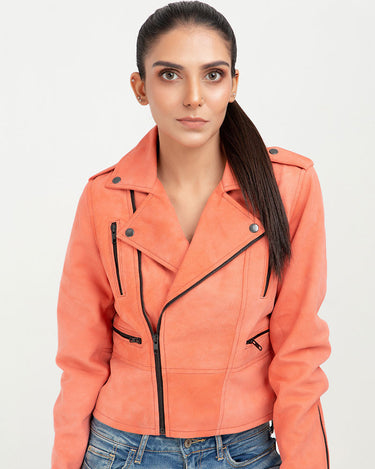 Kallie Pink Asymmetrical Biker Leather Jacket - Zoom