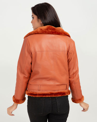 Kate Red-Orange Aviator Leather Jacket - Back