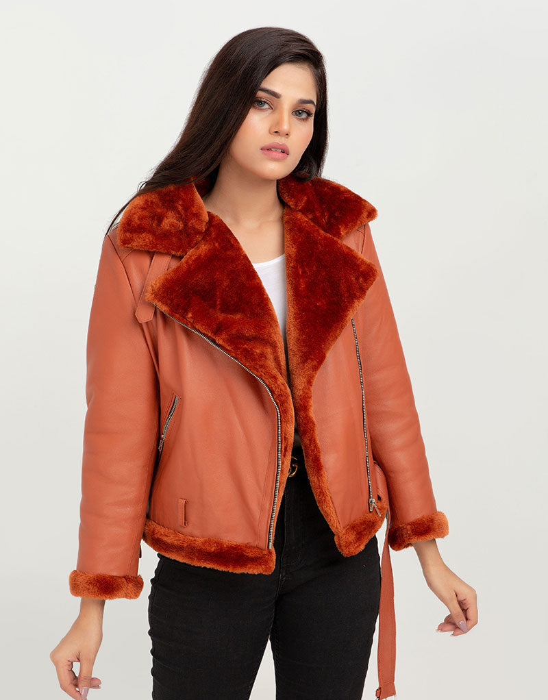 Kate Red-Orange Aviator Leather Jacket - Front