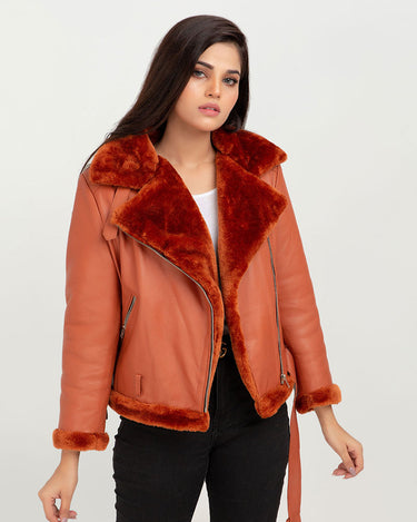 Kate Red-Orange Aviator Leather Jacket - Front