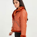 Kate Red-Orange Aviator Leather Jacket - Left