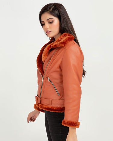 Kate Red-Orange Aviator Leather Jacket - Left