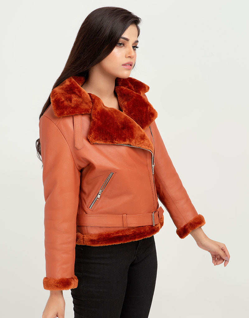 Kate Red-Orange Aviator Leather Jacket - Right