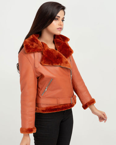 Kate Red-Orange Aviator Leather Jacket - Right