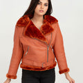 Kate Red-Orange Aviator Leather Jacket - Zipped