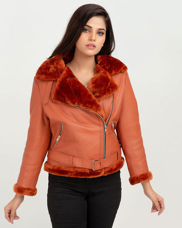 Kate Red-Orange Aviator Leather Jacket - Zipped