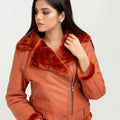 Kate Red-Orange Aviator Leather Jacket - Zoom