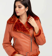 Kate Red-Orange Aviator Leather Jacket - Zoom