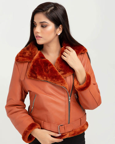 Kate Red-Orange Aviator Leather Jacket - Zoom