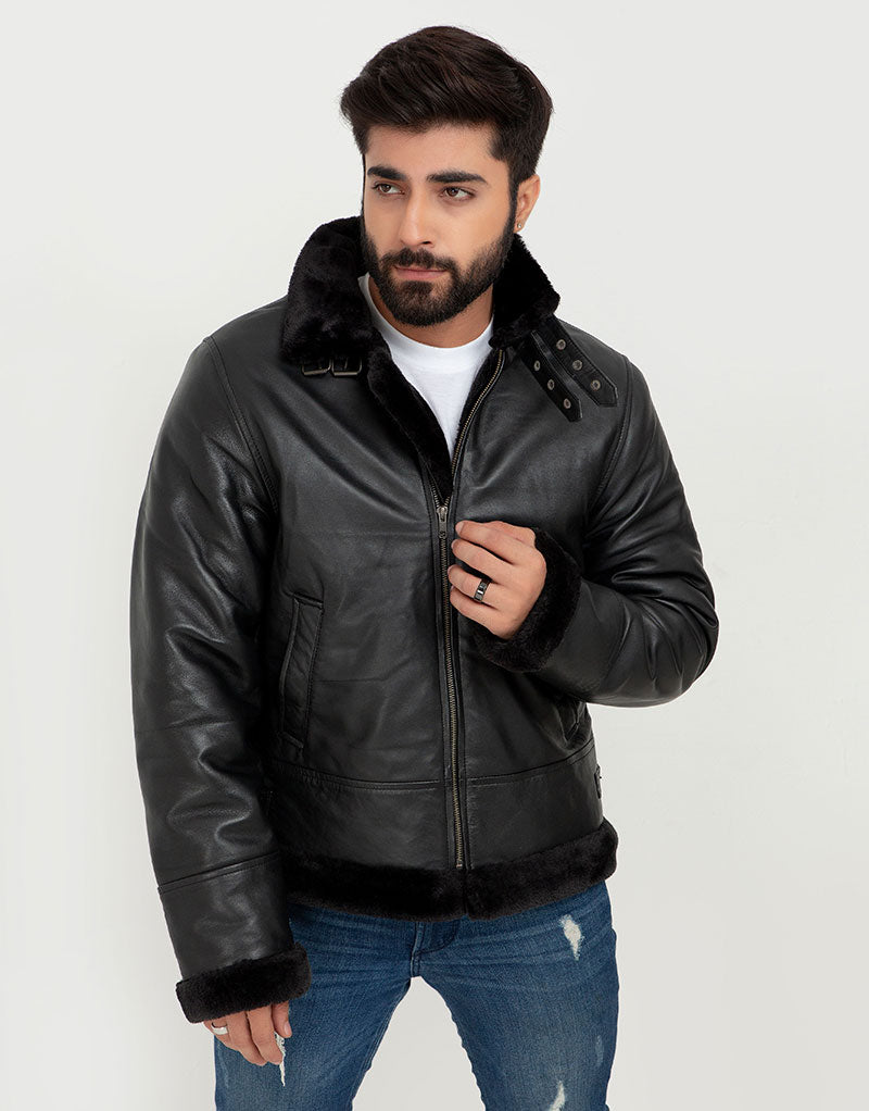 Kristoff All Black B-3 Leather Bomber Jacket - Front