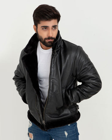 Kristoff All Black B-3 Leather Bomber Jacket - Front Zip