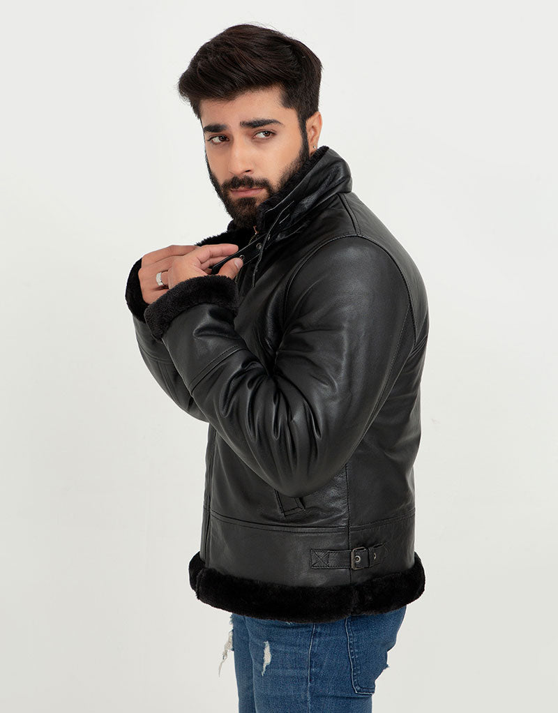 Kristoff All Black B-3 Leather Bomber Jacket - Left