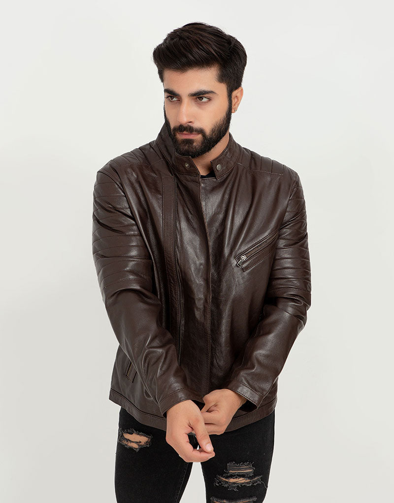 Landon Brown Quilted Biker Leather Jacket - Front