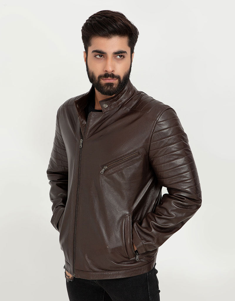 Landon Brown Quilted Biker Leather Jacket - Left