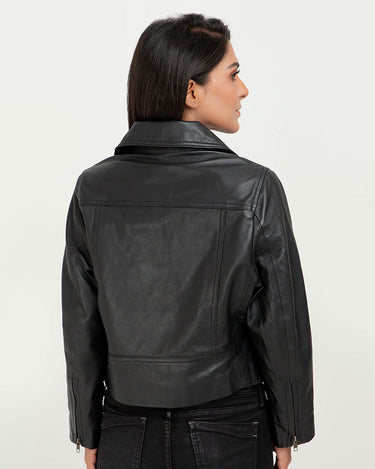 Lavina Sheen Black Leather Biker Jacket - Back