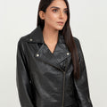 Lavina Sheen Black Leather Biker Jacket - Front Zipped