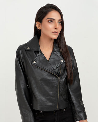 Lavina Sheen Black Leather Biker Jacket - Front Zipped