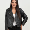 Lavina Sheen Black Leather Biker Jacket - Front