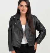 Lavina Sheen Black Leather Biker Jacket - Front