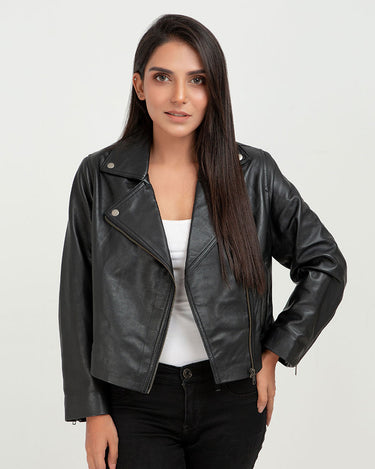 Lavina Sheen Black Leather Biker Jacket - Front