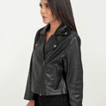 Lavina Sheen Black Leather Biker Jacket - Left