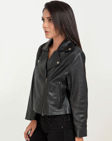 Lavina Sheen Black Leather Biker Jacket - Left