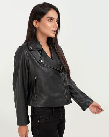 Lavina Sheen Black Leather Biker Jacket - Right