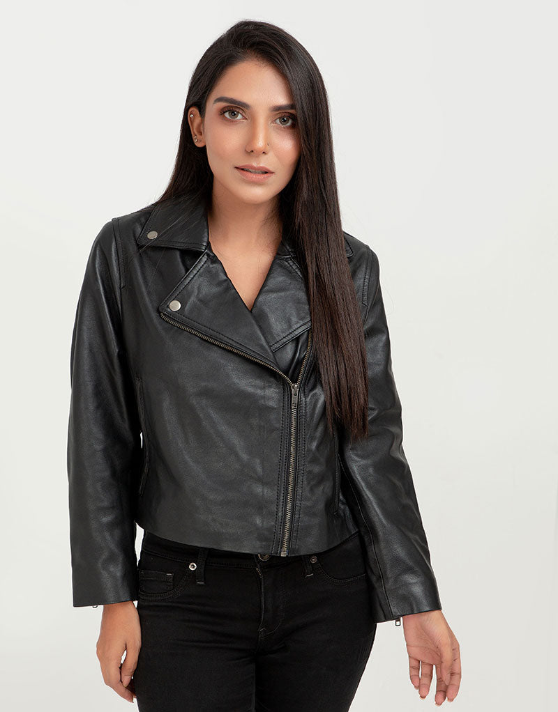 Lavina Sheen Black Leather Biker Jacket - Zipped