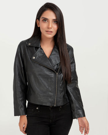 Lavina Sheen Black Leather Biker Jacket - Zipped