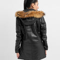 Mabel Fur Trim Quilted Black Leather Coat with Hood - Back