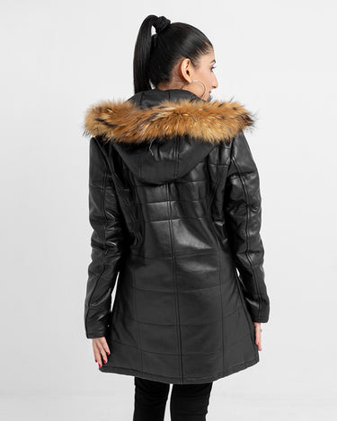 Mabel Fur Trim Quilted Black Leather Coat with Hood - Back