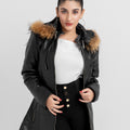 Mabel Fur Trim Quilted Black Leather Coat with Hood - Front