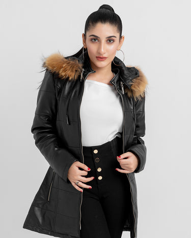 Mabel Fur Trim Quilted Black Leather Coat with Hood - Front