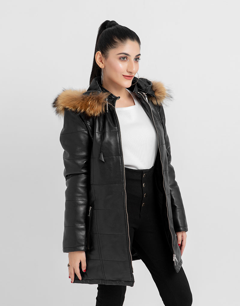 Mabel Fur Trim Quilted Black Leather Coat with Hood - Left