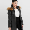 Mabel Fur Trim Quilted Black Leather Coat with Hood - Left