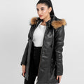 Mabel Fur Trim Quilted Black Leather Coat with Hood - Right