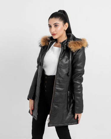 Mabel Fur Trim Quilted Black Leather Coat with Hood - Right