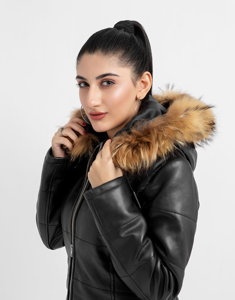 Mabel Fur Trim Quilted Black Leather Coat with Hood - Zoomed