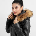 Mabel Fur Trim Quilted Black Leather Coat with Hood - Zoomed