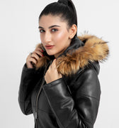 Mabel Fur Trim Quilted Black Leather Coat with Hood - Zoomed