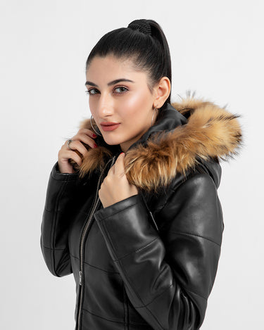 Mabel Fur Trim Quilted Black Leather Coat with Hood - Zoomed